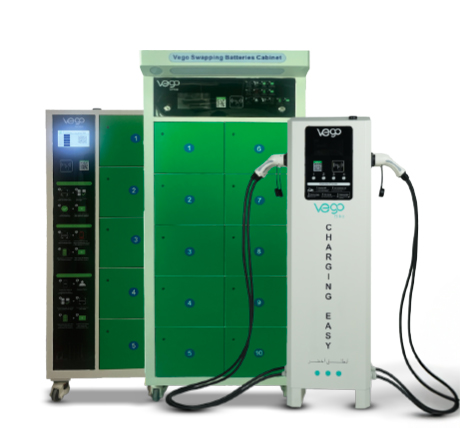 VEGO battery swapping cabinets next to a VEGO fast charger
